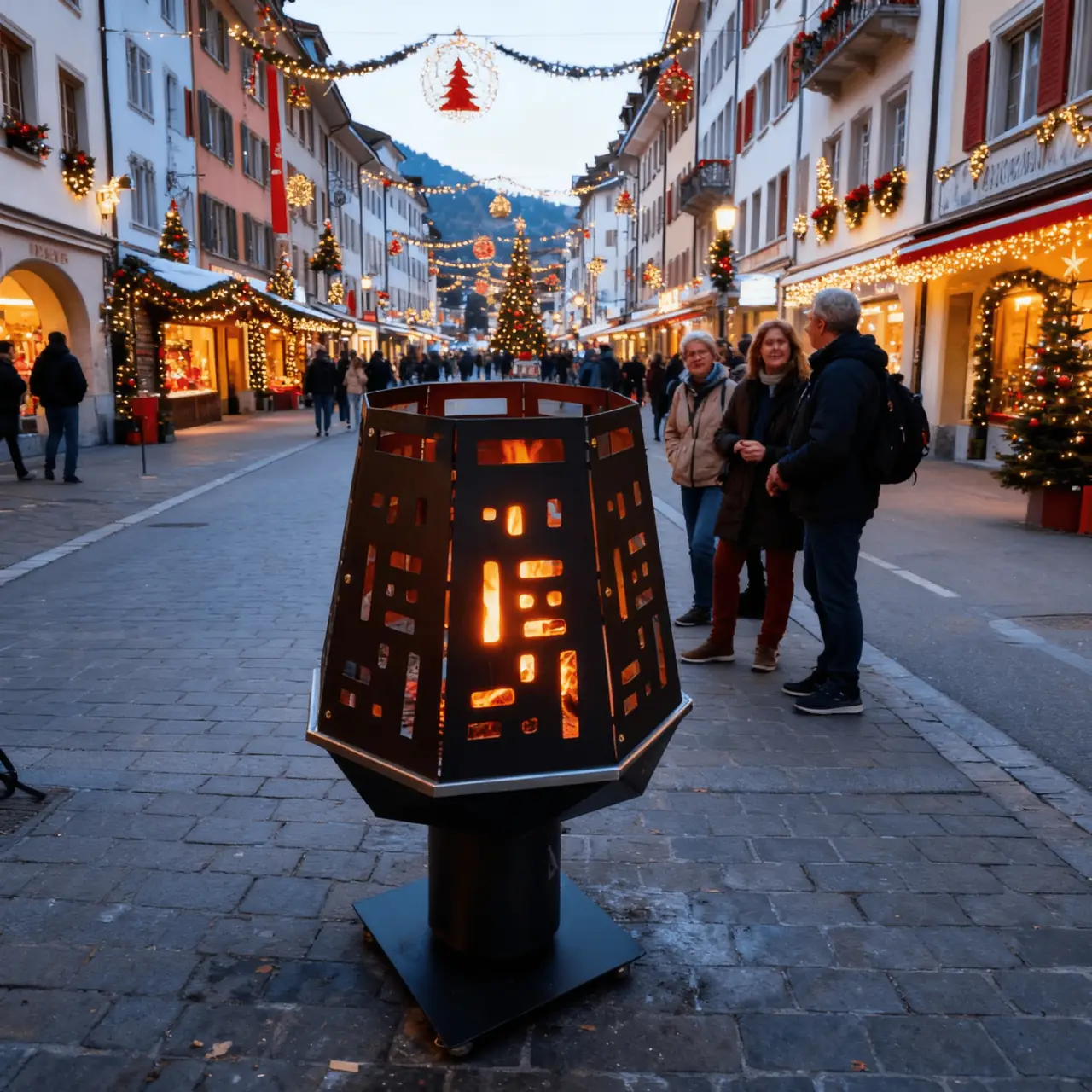 Brasero en mode lanterne dans une rue décorée